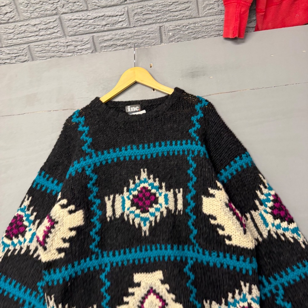 INC International Concepts Mens XL Aztec Geometric Chunky Knit Sweater Black
